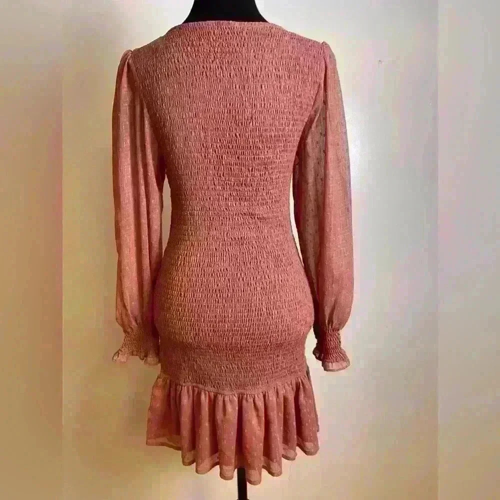 Storia Women's Shift Dress Smocked Pink Floral Long Sheer Sleeve S - Picture 2 of 12